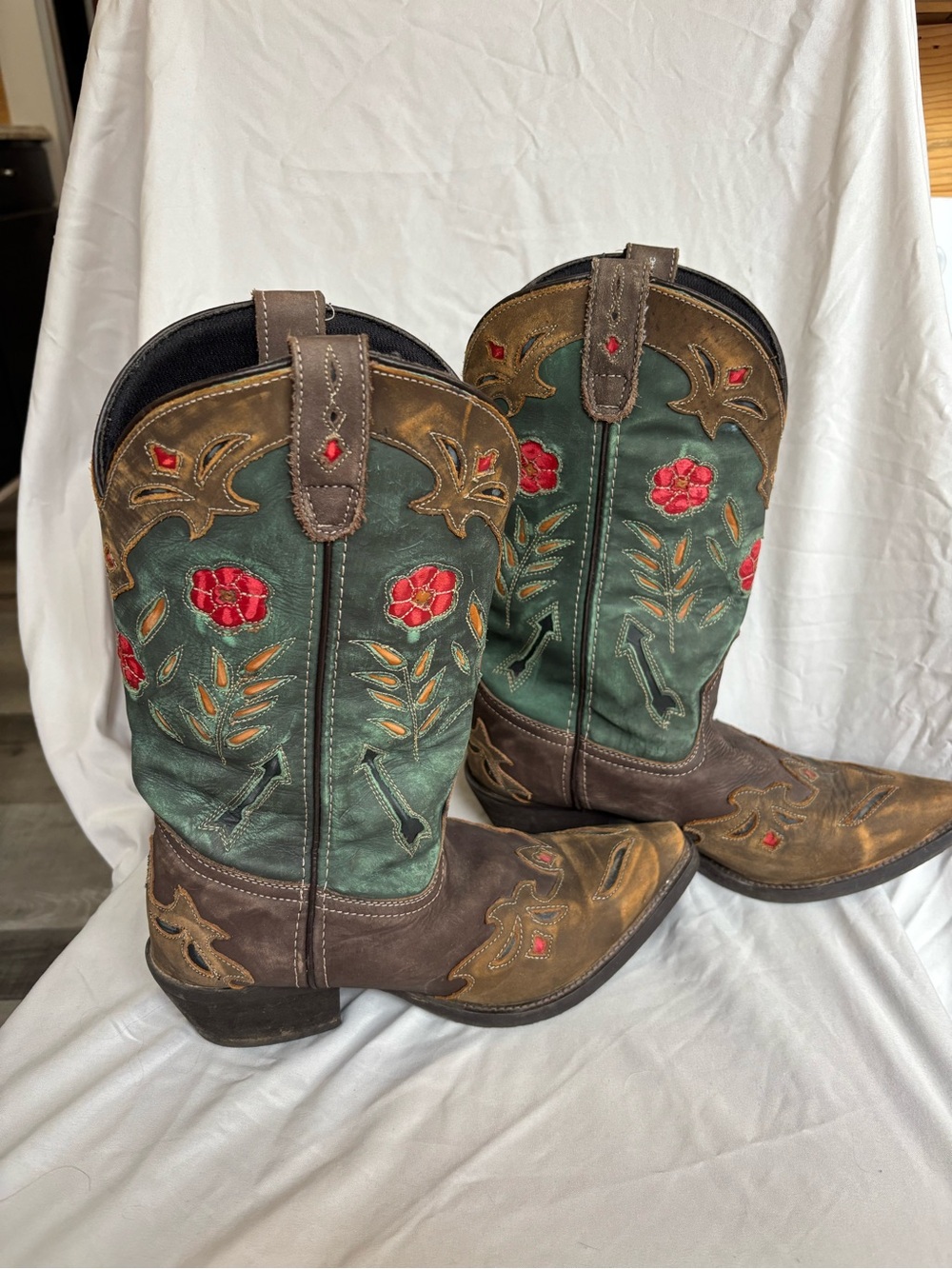 Justin Boots Brown and Green Floral Embroidered Heeled Cowboy Boots